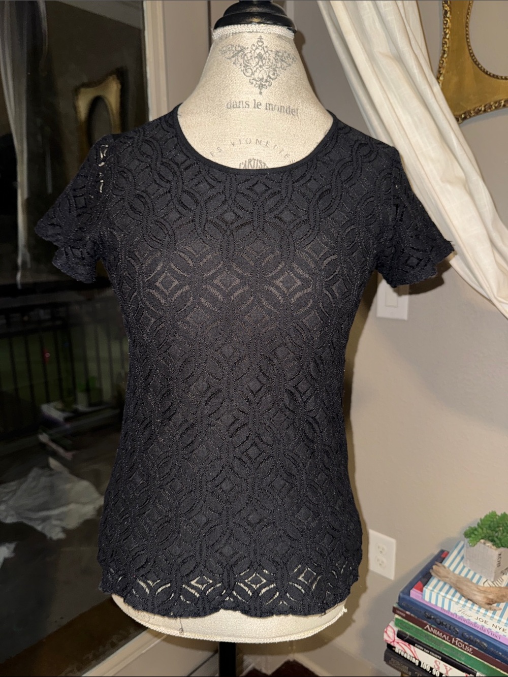 Market & Spruce Black Women Top Lace Shortsleeve Dressy Flattering Fit Blouse XS